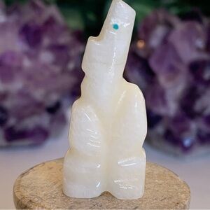 Zuni White Standing Bear Fetish Carving Figurine Turquoise Eyes Signed Bacy 1.75